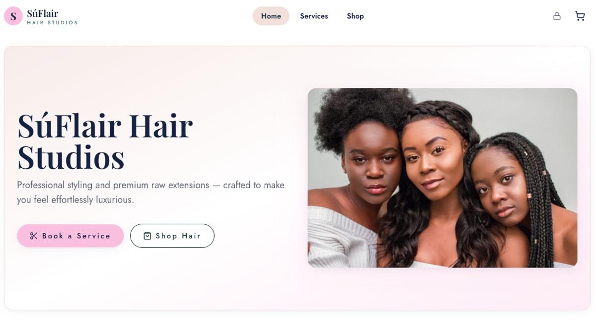 The SúFlair Hair Studios storefront homepage, showing the site navigation and a hero section with "Book a Service" and "Shop Hair" calls to action